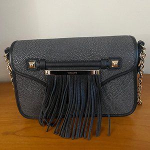 Grey and black leather shoulder bag with fringe & gold chain